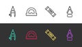 Set line Drawing compass, Protractor, Construction bubble level and on black and white. Vector Royalty Free Stock Photo