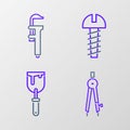 Set line Drawing compass, Putty knife, Metallic screw and Calliper or caliper and scale icon. Vector Royalty Free Stock Photo