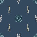 Set line Drawing compass, Screwdriver and Wrench spanner and gear on seamless pattern. Vector