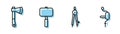 Set line Drawing compass, Wooden axe, Sledgehammer and Hand drill icon. Vector
