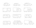 Set of Line drawing different cartoon transparent cars buses trucks. Flat outline contour vector stock illustration.