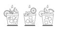 Set of line drawings of refreshing cocktails with ice cubes, straws and umbrellas on a white background. Drink icons Royalty Free Stock Photo