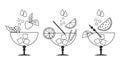 Set of line drawings of refreshing cocktails with ice cubes, straws and umbrellas on a white background. Drink icons Royalty Free Stock Photo