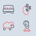 Set line Dreams, Sheep, Earplugs and ear and Big bed icon. Vector Royalty Free Stock Photo