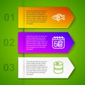 Set line Dried fish, Saint Patricks day calendar and Metal beer keg. Business infographic template. Vector Royalty Free Stock Photo