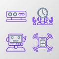 Set line Drone flying with action camera, Robot, and digital time manager and 3d scanning system icon. Vector Royalty Free Stock Photo