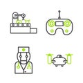 Set line Drone flying with action camera, Robot doctor, Remote control and Factory conveyor system belt icon. Vector