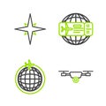 Set line Drone flying with action video camera, Globe plane, Airline ticket and Wind rose icon. Vector Royalty Free Stock Photo