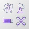 Set line Drone flying, Keyboard and mouse, Radar and Neural network icon. Vector