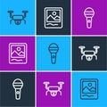 Set line Drone flying, Microphone and Photo frame icon. Vector Royalty Free Stock Photo