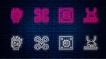 Set line Drone, Processor with microcircuits CPU, Robot burned out and Robotic robot arm factory. Glowing neon icon on Royalty Free Stock Photo
