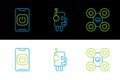 Set line Drone, Turn off robot from phone and Robot icon. Vector