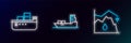 Set line Drop in crude oil price, Oil tanker ship and icon. Glowing neon. Vector