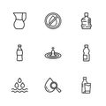 Set line Drop and magnifying glass, Bottle of water, with, Water drop, Big bottle clean, Jug, forbidden and icon. Vector