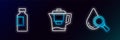 Set line Drop and magnifying glass, Bottle of water and Water jug with filter icon. Glowing neon. Vector