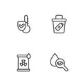 Set line Drop and magnifying glass, Radioactive waste barrel, Thermometer and Trash can icon. Vector