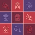 Set line Drop and magnifying glass, Trash can and Infectious waste icon. Vector