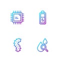 Set line Drop and magnifying glass, Virus, Processor CPU and Battery. Gradient color icons. Vector
