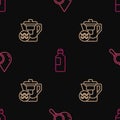 Set line Drop and magnifying glass, Water jug with filter and Bottle of water on seamless pattern. Vector