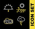 Set line Drought, Storm, Fog and cloud and Sunset icon. Vector