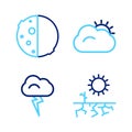 Set line Drought, Storm, Sun and cloud and Eclipse of the sun icon. Vector