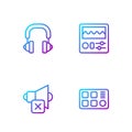 Set line Drum machine, Speaker mute, Headphones and . Gradient color icons. Vector