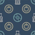 Set line Drum, Power button and CD or DVD disk on seamless pattern. Vector