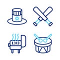 Set line Drum and drum sticks, Barbecue grill, Crossed baseball bat and Patriotic American top hat icon. Vector Royalty Free Stock Photo