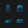 Set line Drum, Trumpet, Metronome with pendulum and Guitar amplifier. Gradient color icons. Vector Royalty Free Stock Photo