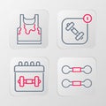 Set line Dumbbell, Calendar fitness, Fitness app and Sweaty sleeveless t-shirt icon. Vector