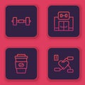 Set line Dumbbell, Coffee cup to go, Gym building and Attention health heart. Blue square button. Vector