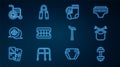 Set line Dumbbell, Knitting, Socks, False jaw, Grandmother, Wheelchair, Walking stick cane and Sport expander icon