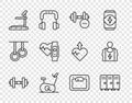 Set line Dumbbell, Locker or changing room, Stationary bicycle, Treadmill machine, Smart watch with heart, Bathroom Royalty Free Stock Photo