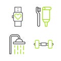 Set line Dumbbell, Shower head, Toothbrush and toothpaste and Smart watch icon. Vector