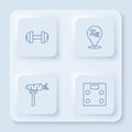 Set line Dumbbell, Sleepy, Carrot on fork and Bathroom scales. White square button. Vector