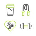 Set line Dumbbell, Sleepy, Jump rope and Glass with water icon. Vector