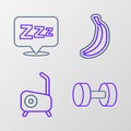 Set line Dumbbell, Stationary bicycle, Banana and Sleepy icon. Vector