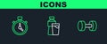 Set line Dumbbell, Stopwatch and Bottle of water with glass icon. Vector