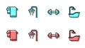 Set line Dumbbell, Towel on hanger, Shower and Bathtub icon. Vector