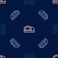 Set line Dumpling with chopsticks, Fish sliced pieces and Sushi on seamless pattern. Vector