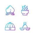 Set line Dumpling on cutting board, Chinese hat, Peach fruit and Chinese tea ceremony. Gradient color icons. Vector