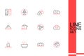 Set line Dumpling, Ramen soup bowl, Cup of tea, Soy sauce, Sushi, Traditional ceremony and Rice icon. Vector