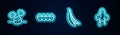 Set line Dust, Chicken egg in box, Kidney beans and Runny nose. Glowing neon icon. Vector