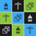 Set line Dynamite bomb, Game dice and Pickaxe icon. Vector