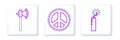 Set line Dynamite bomb stick clock, Medieval axe and Peace icon. Vector