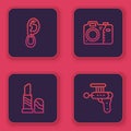 Set line Ear with earring, Lipstick, Photo camera and Ray gun. Blue square button. Vector