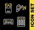 Set line Ear listen sound signal, Drum machine, Music synthesizer and Air headphones box icon. Vector Royalty Free Stock Photo