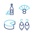 Set line Earrings, Cheese, Fan flamenco and Bottle of olive oil icon. Vector