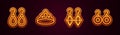 Set line Earrings, King crown, and . Glowing neon icon. Vector