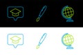 Set line Earth globe, Graduation cap in speech bubble and Paint brush icon. Vector